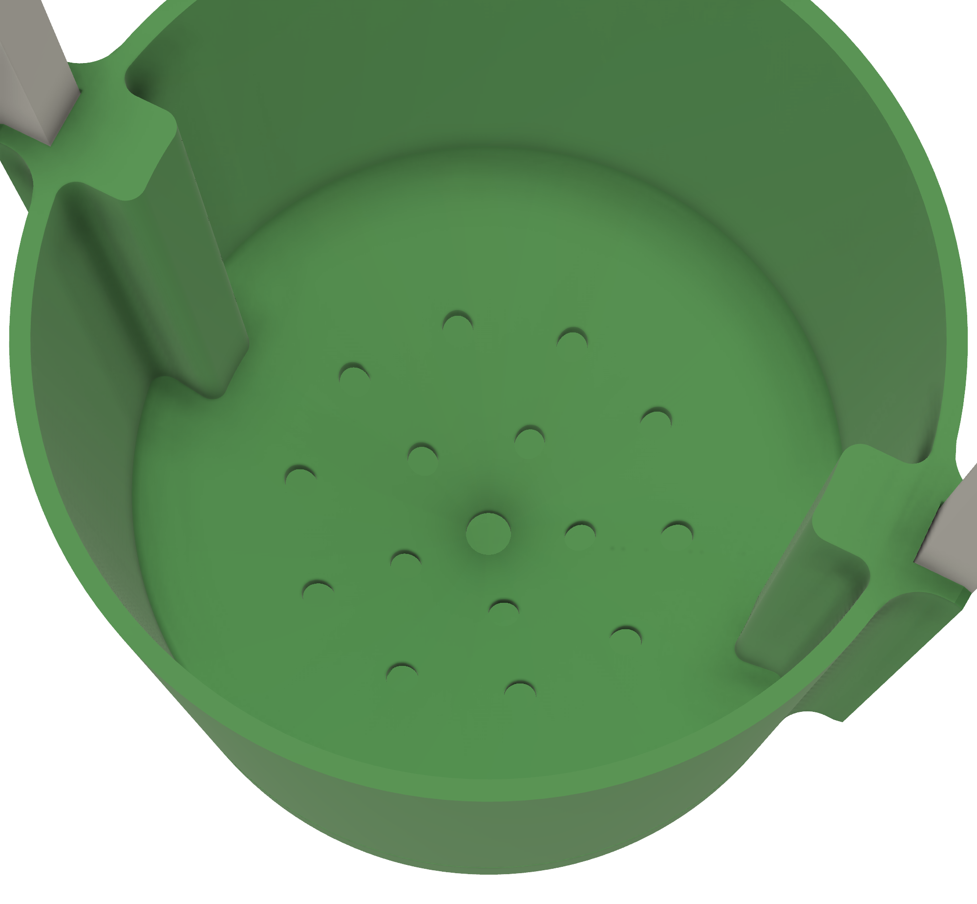Inside the CAD pot: drainage holes and a small cone in the base