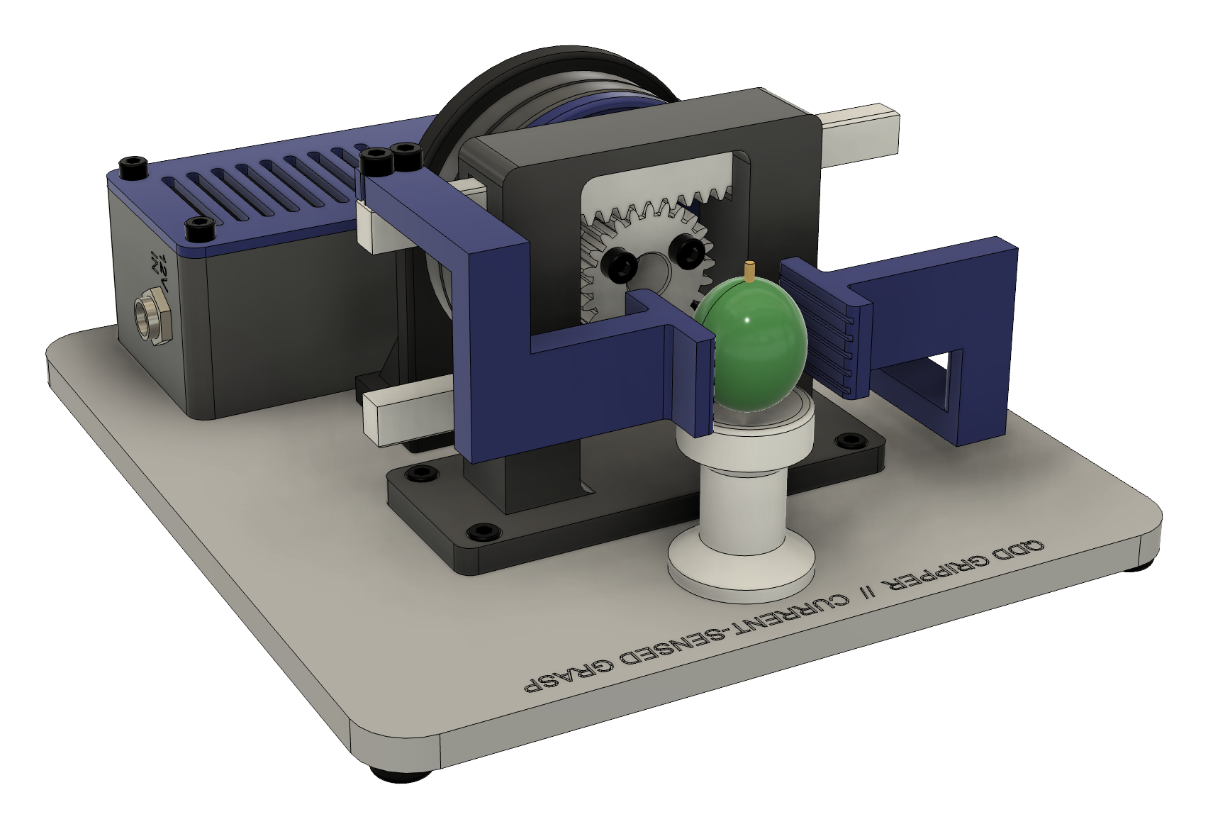 CAD model of the QDD gripper: a printed planetary actuator closing blue jaws on a green grape