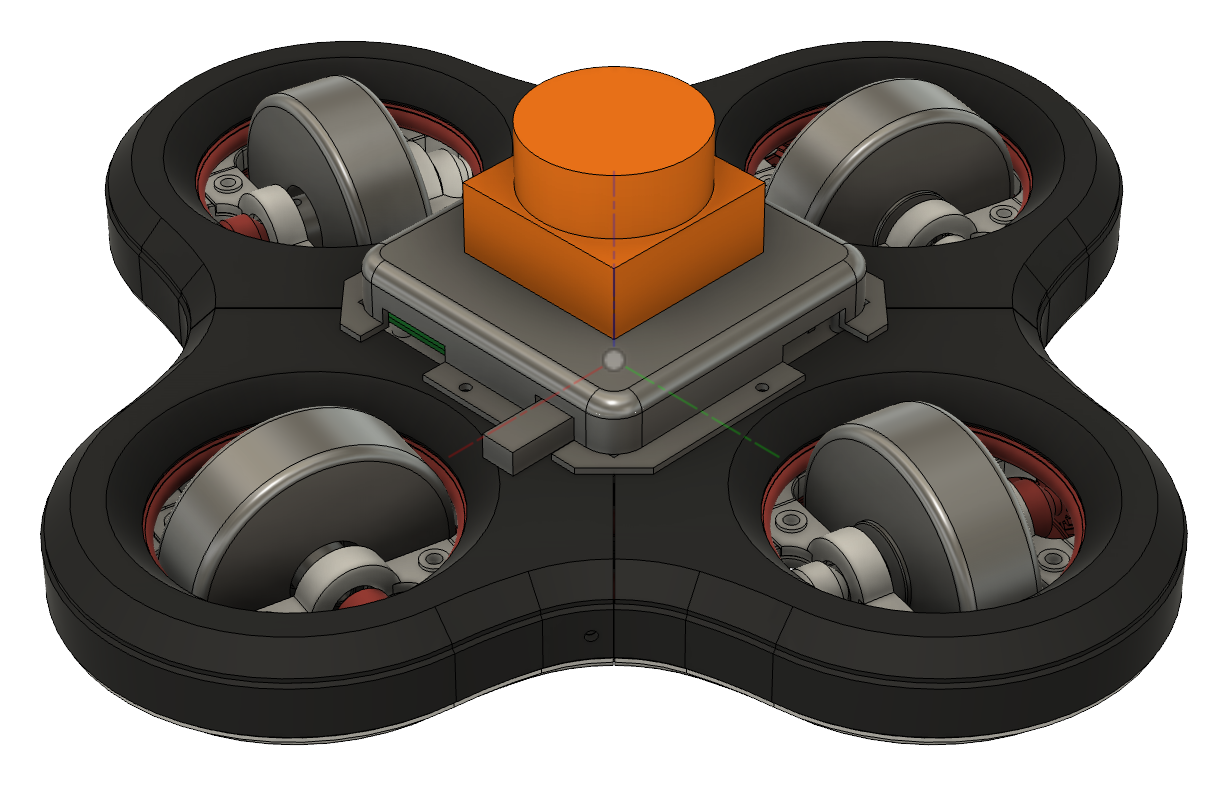CAD model of the four-wheel swerve robot with orange LiDAR on top